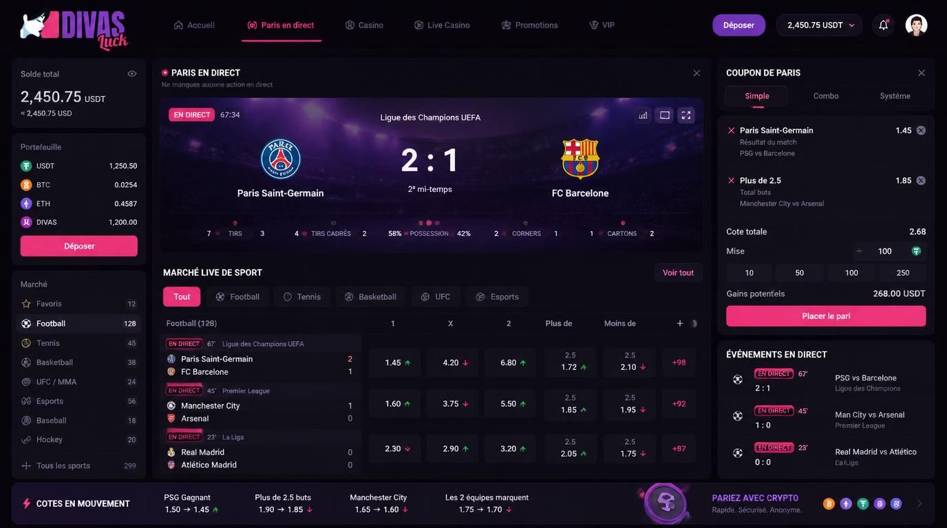 Interface live de paris sportifs avec match en direct et cotes en temps réel