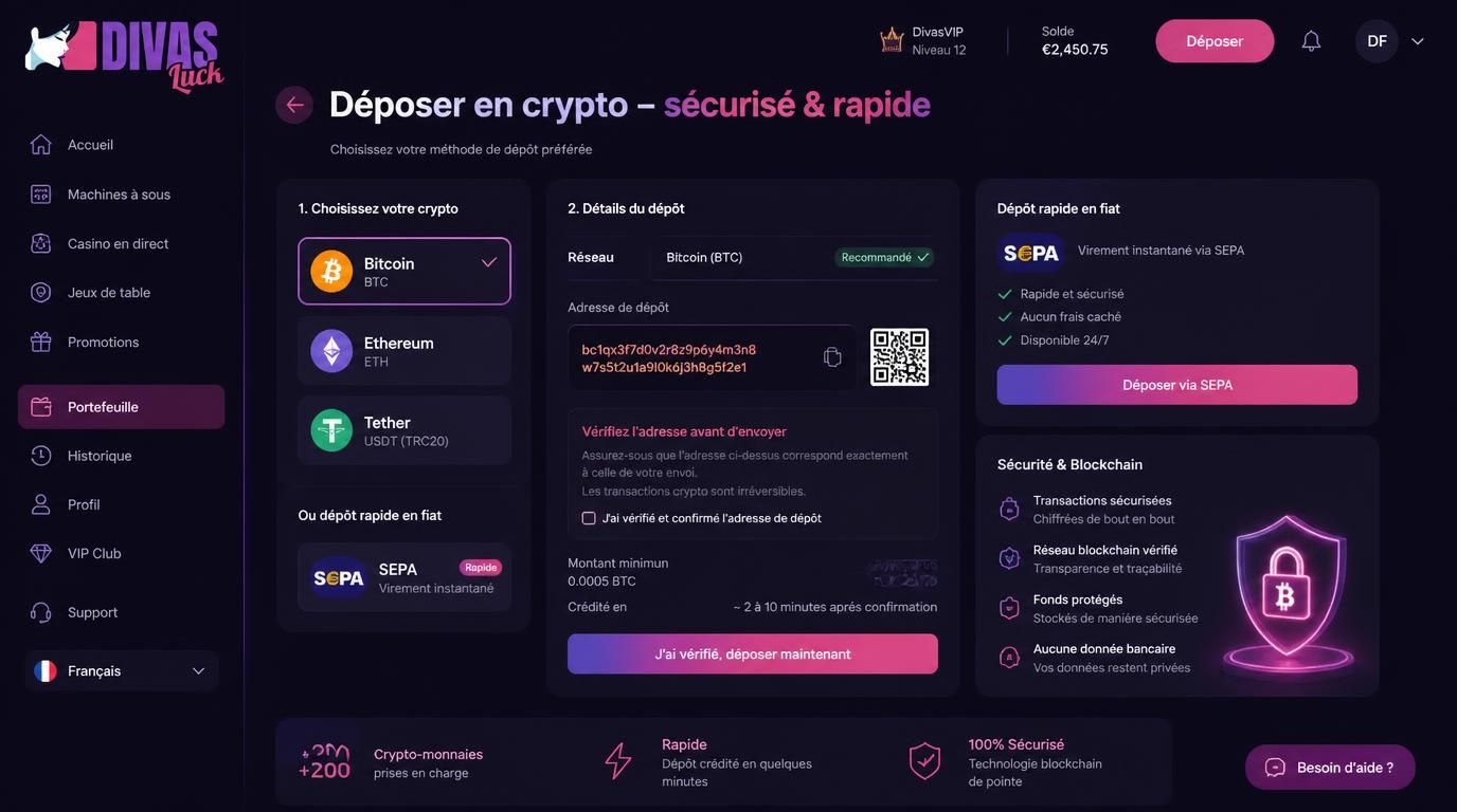 Interface de dépôt en crypto sur Divas Luck montrant Bitcoin, Ethereum, USDT, vérification d’adresse et transaction rapide SEPA