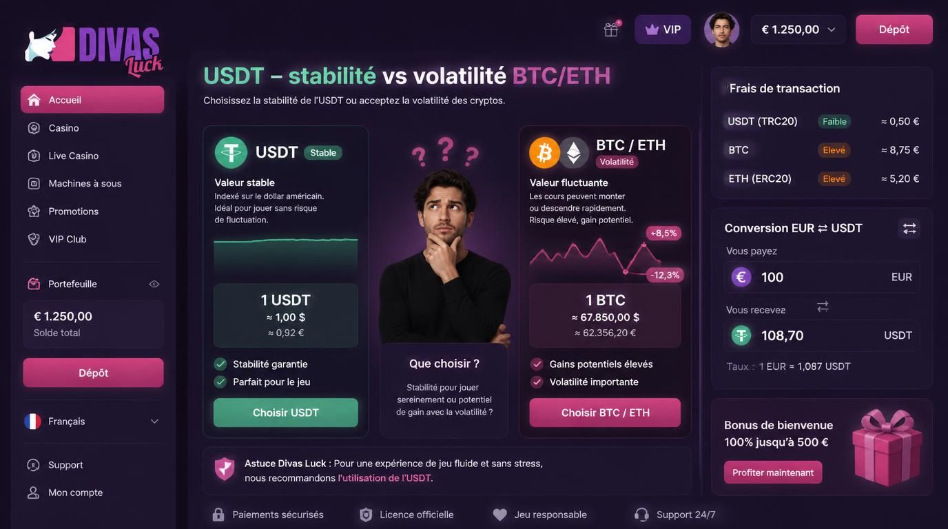 Comparaison stabilité USDT versus volatilité du Bitcoin et Ethereum chez Divas Luck pour joueurs français
